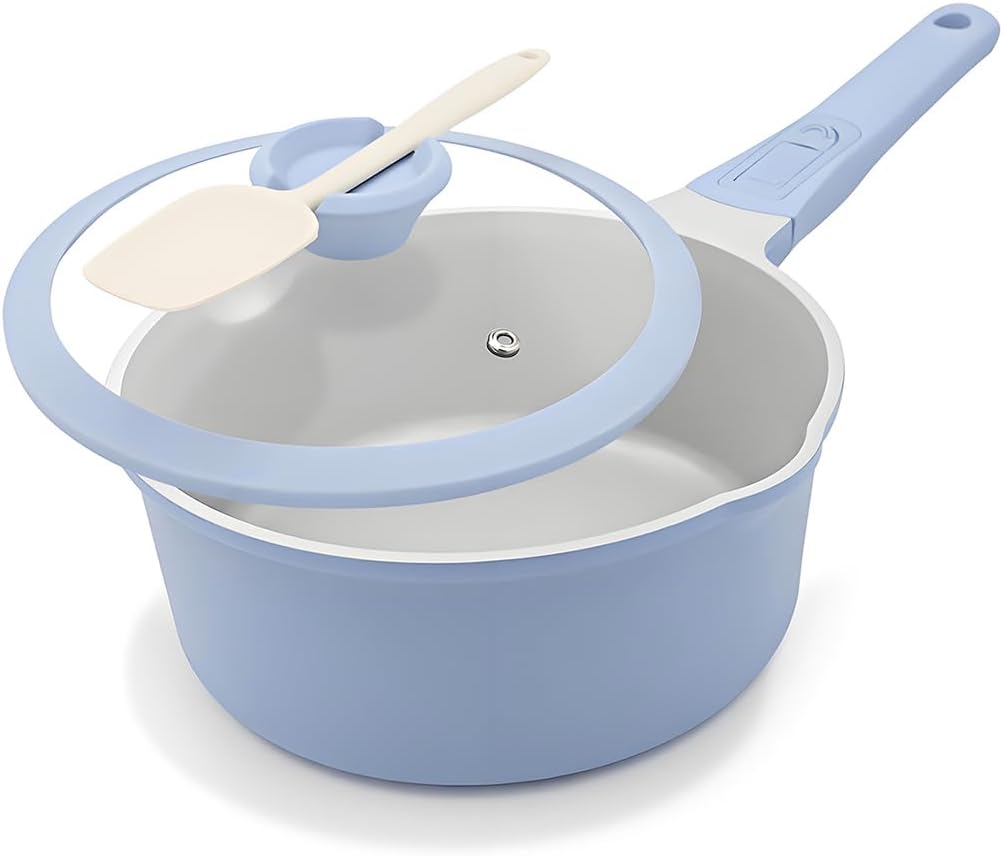Ashenby 1.5 Qt Ceramic Saucepan Nonstick, Small Pot with Lid/Pour Spout, Blue