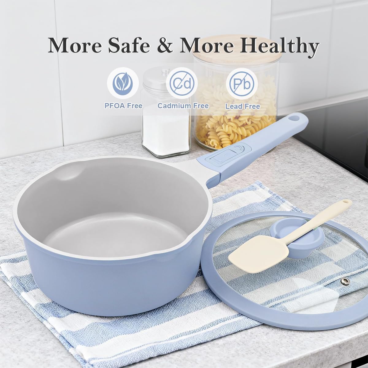 Ashenby 1.5 Qt Ceramic Saucepan Nonstick, Small Pot with Lid/Pour Spout, Blue