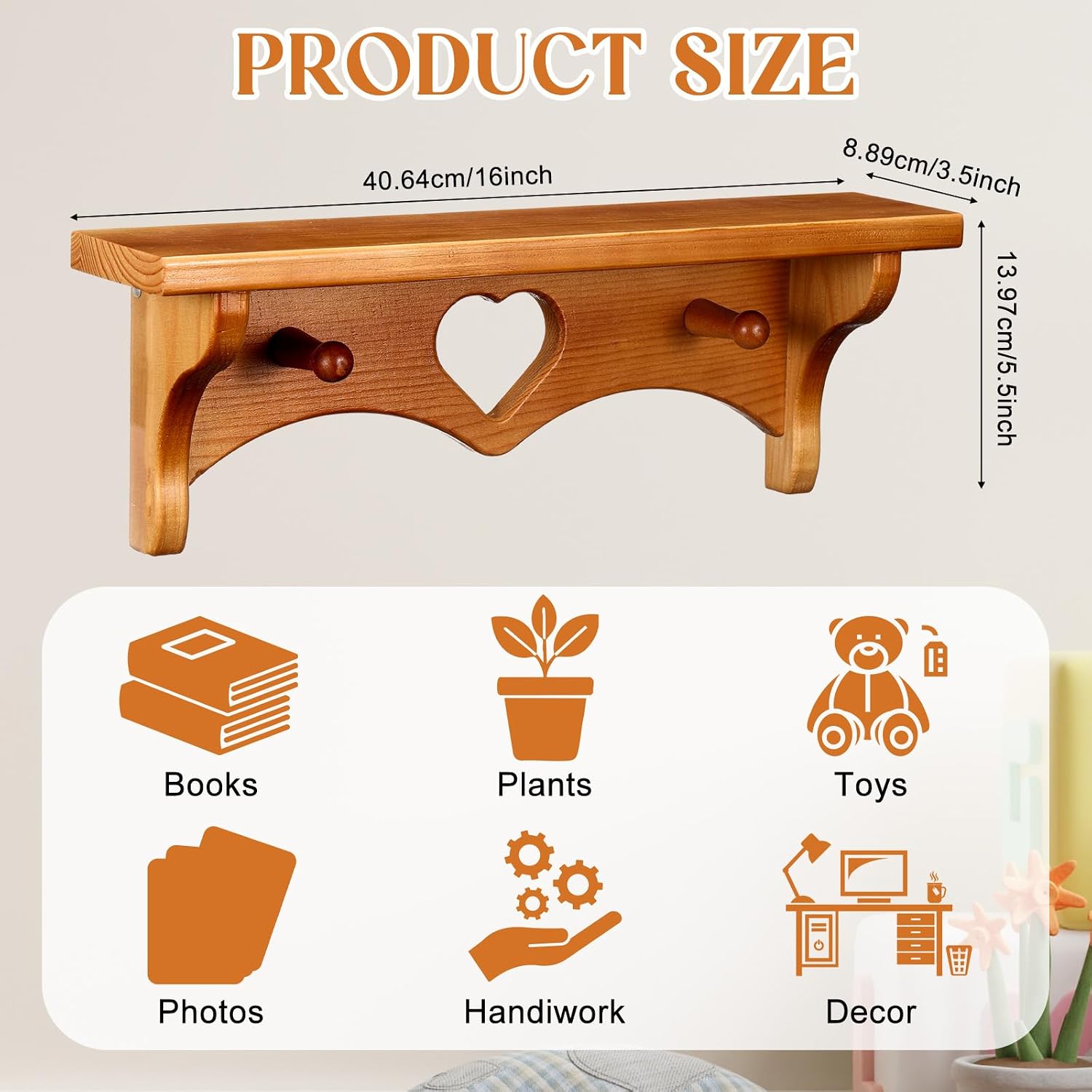 Aldernest 2 Pcs Wooden Heart Shelf 16" Vintage Wall Shelf, Natural, 2.7 pounds, 16 x 3.5 x 5.5 inches