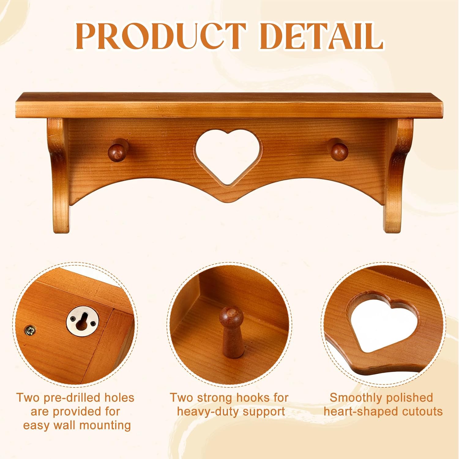 Aldernest 2 Pcs Wooden Heart Shelf 16" Vintage Wall Shelf, Natural, 2.7 pounds, 16 x 3.5 x 5.5 inches