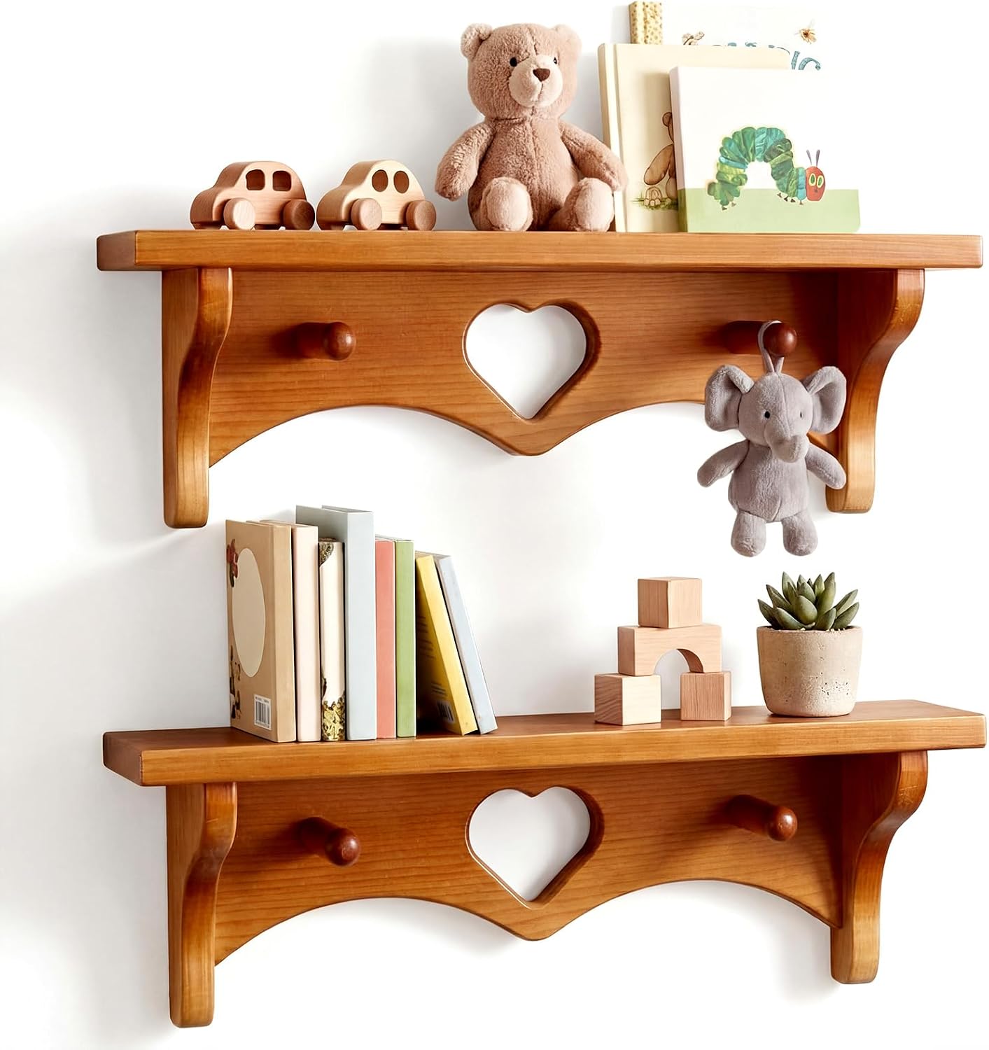 Aldernest 2 Pcs Wooden Heart Shelf 16" Vintage Wall Shelf, Natural, 2.7 pounds, 16 x 3.5 x 5.5 inches