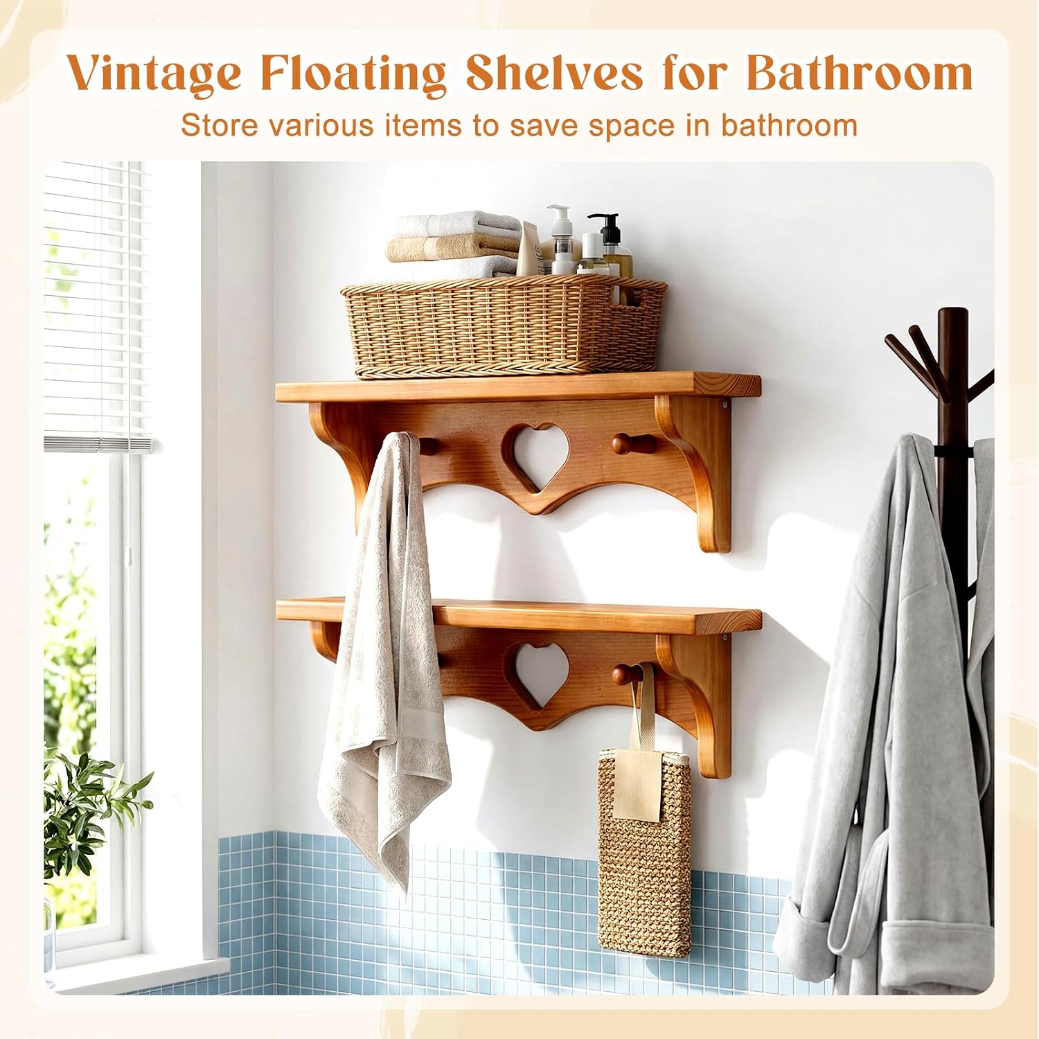 Aldernest 2 Pcs Wooden Heart Shelf 16" Vintage Wall Shelf, Natural, 2.7 pounds, 16 x 3.5 x 5.5 inches
