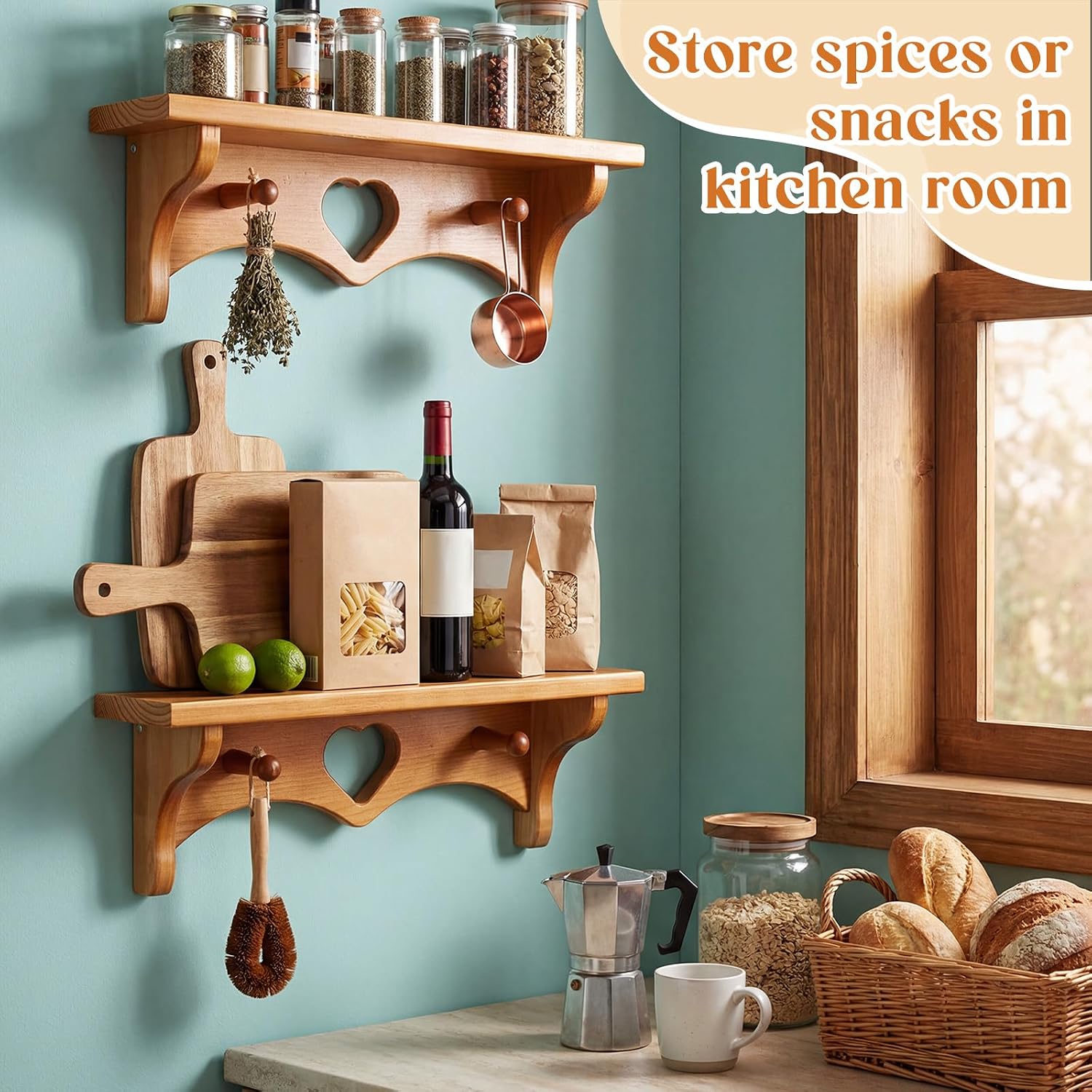 Aldernest 2 Pcs Wooden Heart Shelf 16" Vintage Wall Shelf, Natural, 2.7 pounds, 16 x 3.5 x 5.5 inches