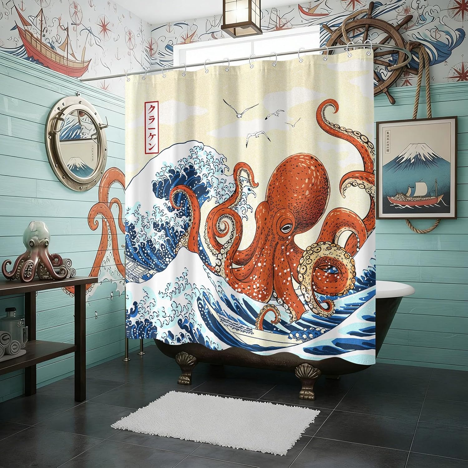 Aldernest Octopus Wave Shower Curtain, Funny Nautical Japanese Kraken Ocean Bathroom Decor, 16 ounces, 72"W x 72"L (Pack of 1)