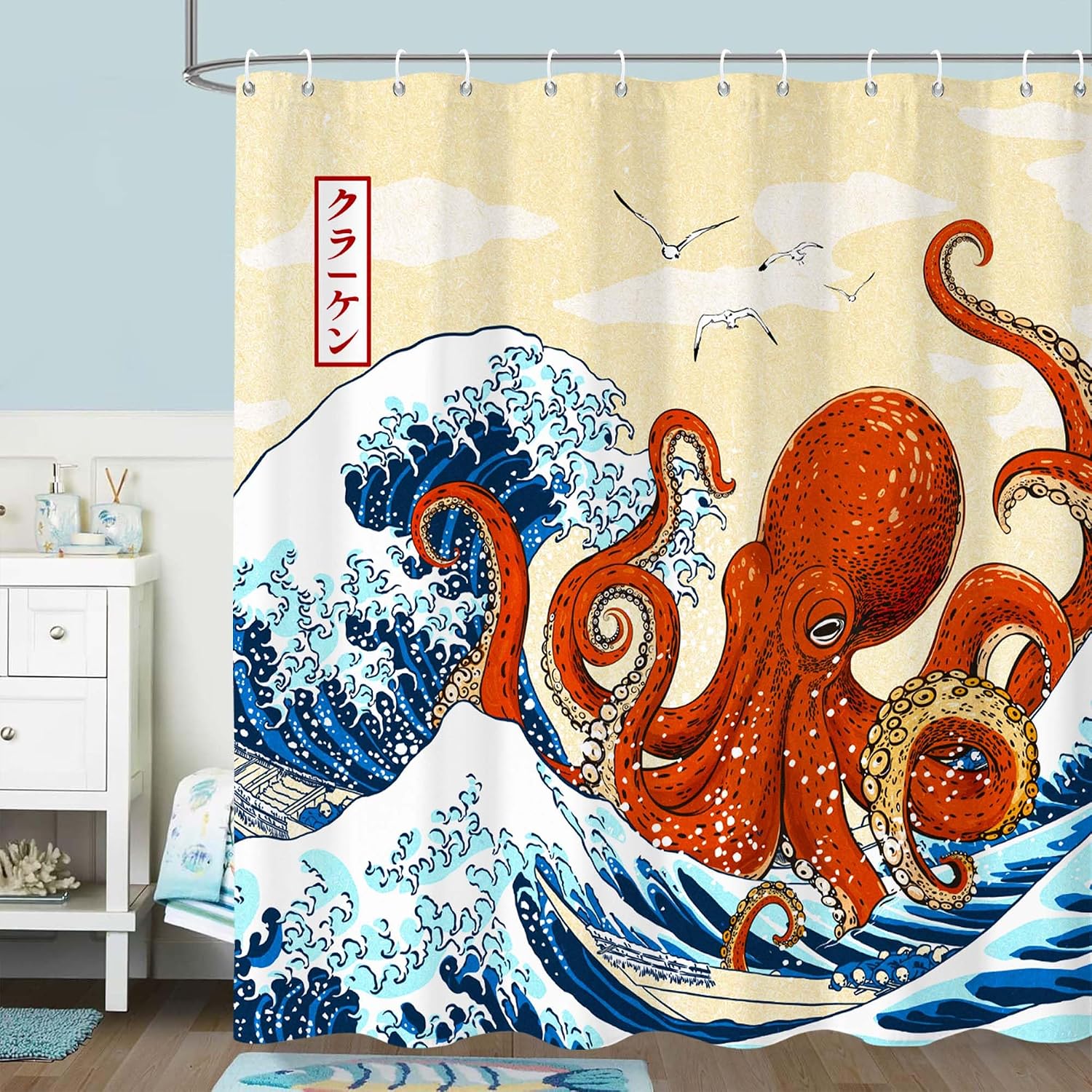 Aldernest Octopus Wave Shower Curtain, Funny Nautical Japanese Kraken Ocean Bathroom Decor, 16 ounces, 72"W x 72"L (Pack of 1)