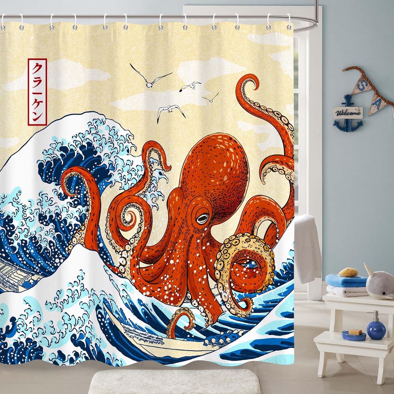 Aldernest Octopus Wave Shower Curtain, Funny Nautical Japanese Kraken Ocean Bathroom Decor, 16 ounces, 72"W x 72"L (Pack of 1)
