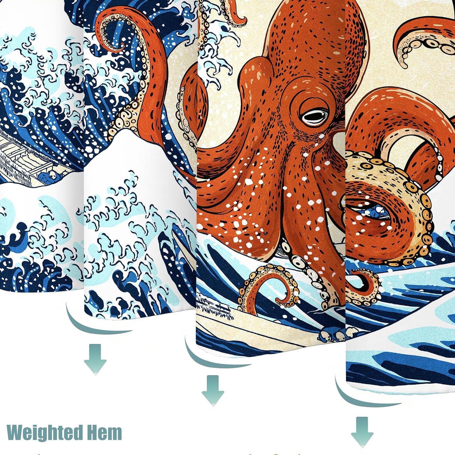 Aldernest Octopus Wave Shower Curtain, Funny Nautical Japanese Kraken Ocean Bathroom Decor, 16 ounces, 72"W x 72"L (Pack of 1)