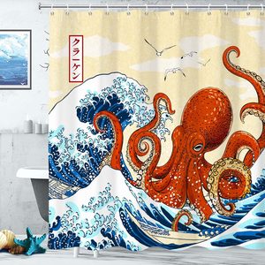 Aldernest Octopus Wave Shower Curtain, Funny Nautical Japanese Kraken Ocean Bathroom Decor, 16 ounces, 72"W x 72"L (Pack of 1)