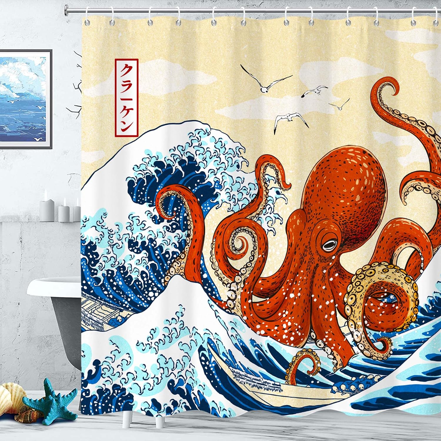 Aldernest Octopus Wave Shower Curtain, Funny Nautical Japanese Kraken Ocean Bathroom Decor, 16 ounces, 72"W x 72"L (Pack of 1)