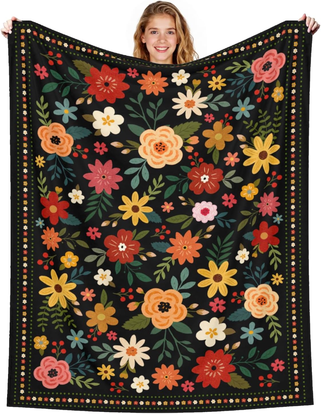 VelloHome Boho Floral Throw Blanket Colorful Flower Soft Flannel Bed Blankets Cozy Plush Couch Cover Lightweight Blanket for Bed Chair Sofa 50" X 60"