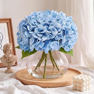 Tanglewick Hydrangea Artificial Flowers with Vase, Real Touch Latex, Blue, 5 Count