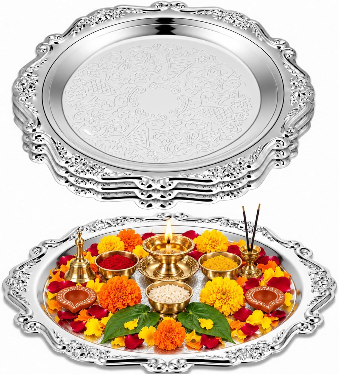 Ashenby 4 Pcs Vintage Silver Tray Indian Pooja Return Gift, Round Silver, 0.57 kg