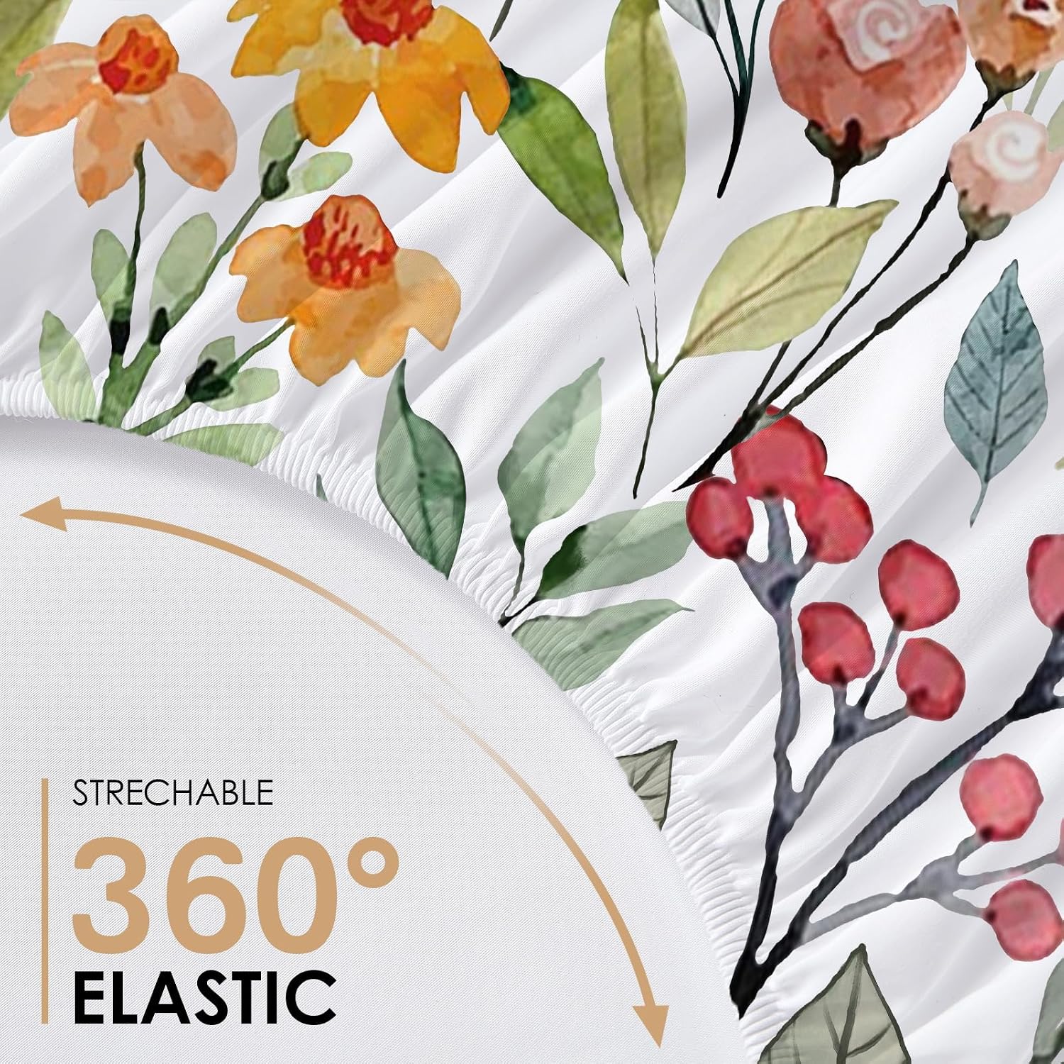 Aldernest Queen Floral Fitted Sheet, 16" Deep Pocket, Soft Microfiber, 1-Piece