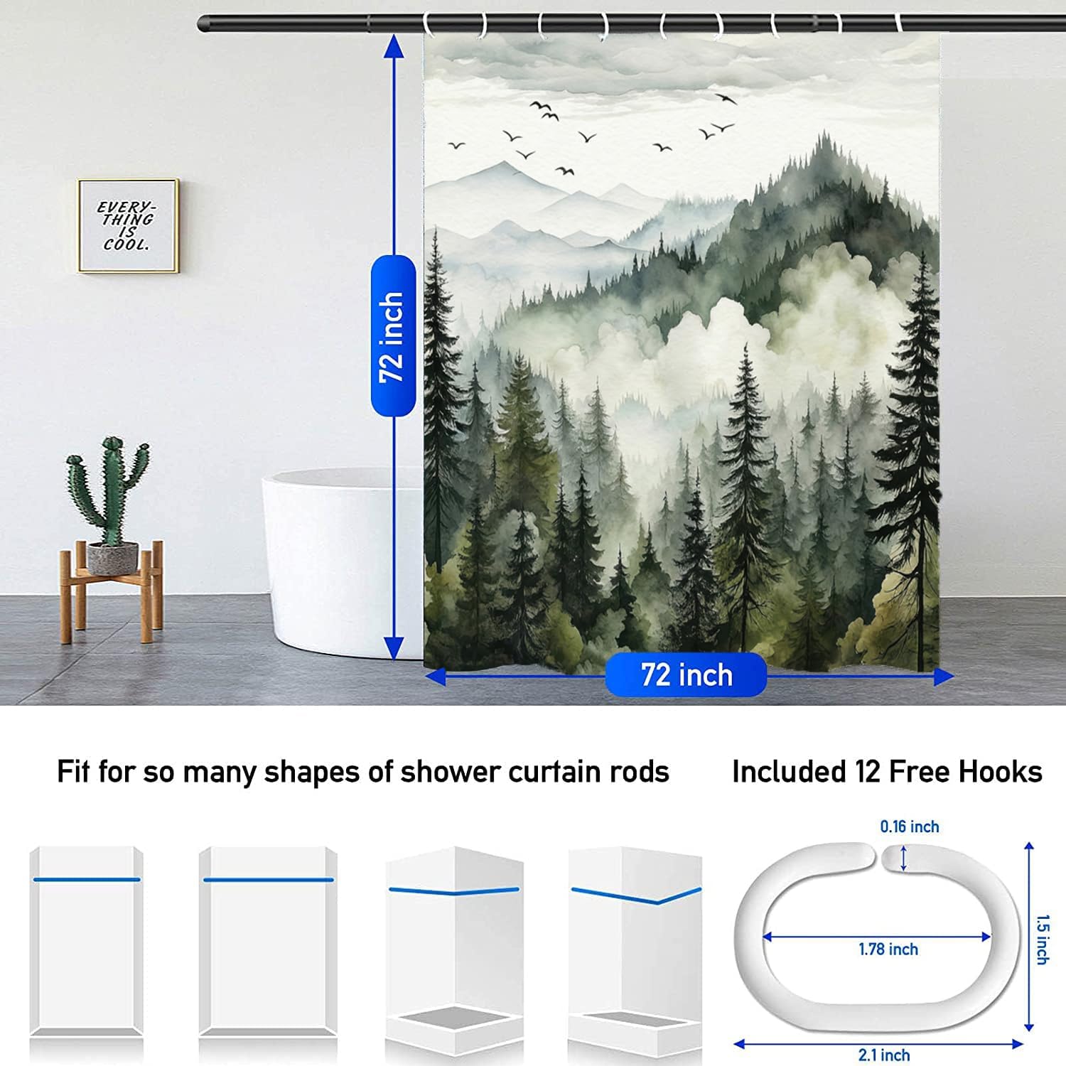 Aldernest 4Pcs Green Misty Forest Shower Curtain Set with 12 Hooks Non-Slip Rugs, 70.8"W x 70.8"L (Pack of 4), Green Forest