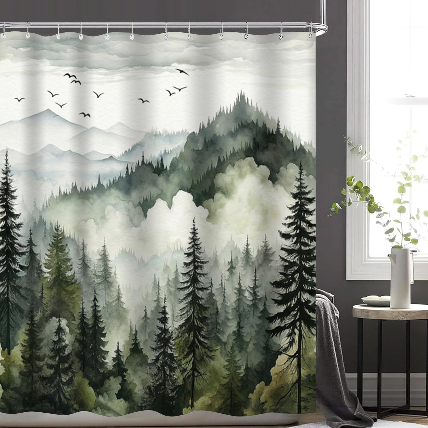 Aldernest 4Pcs Green Misty Forest Shower Curtain Set with 12 Hooks Non-Slip Rugs, 70.8"W x 70.8"L (Pack of 4), Green Forest