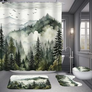 Aldernest 4Pcs Green Misty Forest Shower Curtain Set with 12 Hooks Non-Slip Rugs, 70.8"W x 70.8"L (Pack of 4), Green Forest
