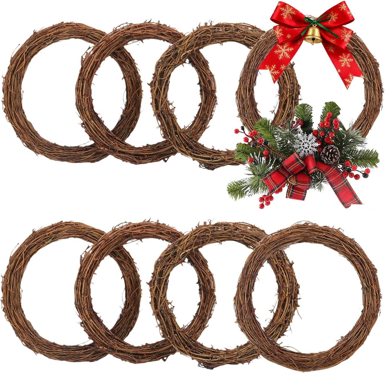 Aldernest 8 Pcs 10 Inch Natural Grapevine Wreath, Natural Rattan Wreath, Dark Brown