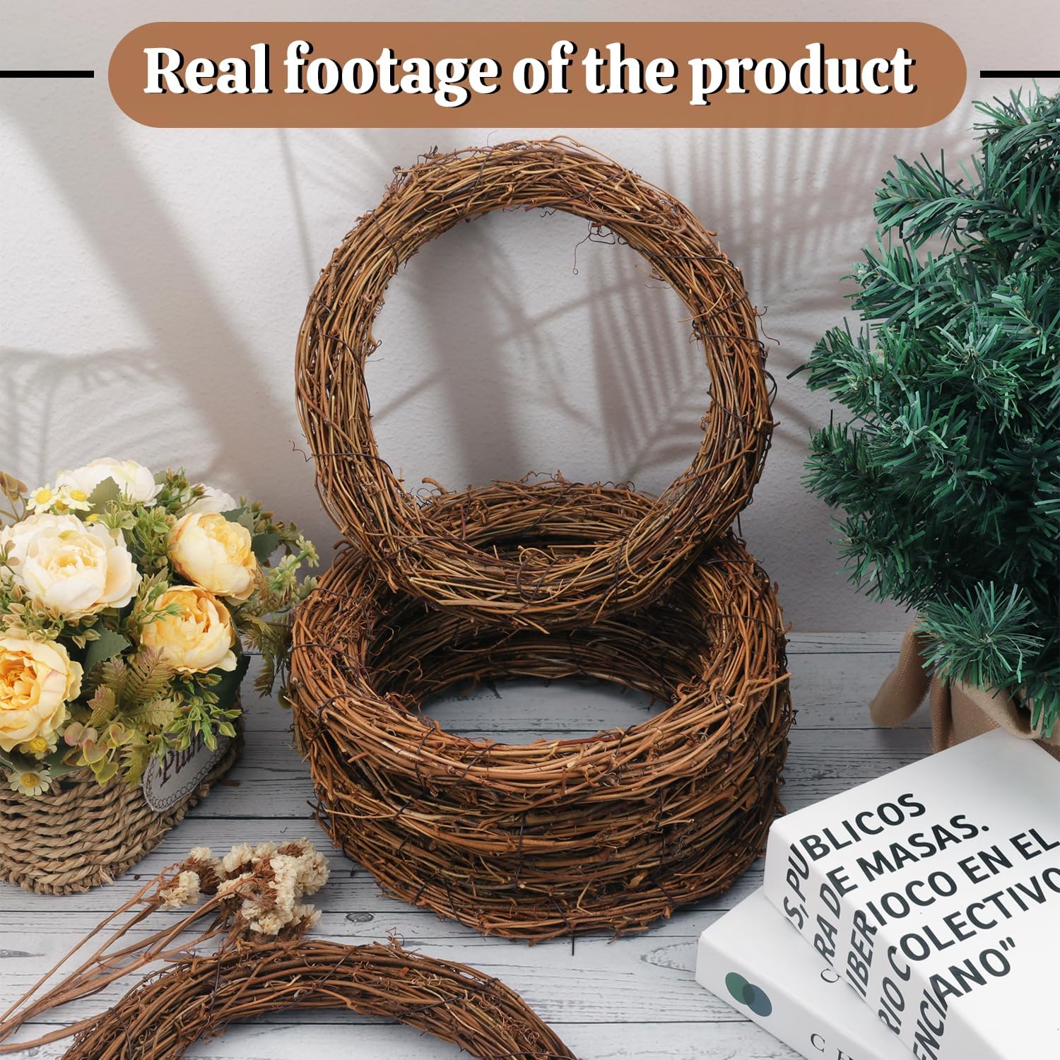 Aldernest 8 Pcs 10 Inch Natural Grapevine Wreath, Natural Rattan Wreath, Dark Brown