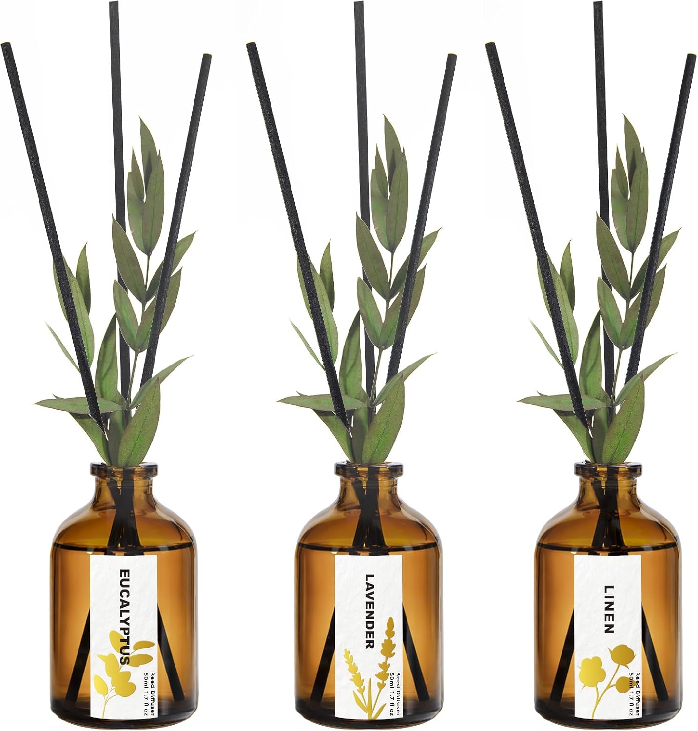 Aldernest Reed Diffuser Set, Eucalyptus, Linen, Lavender, Oil Diffusers with Sticks, Brown, 3 Count