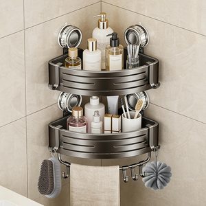 Aldernest Suction Cup Corner Shower Caddy, No Drill, 2 Tier, Gray, 0.82 kg