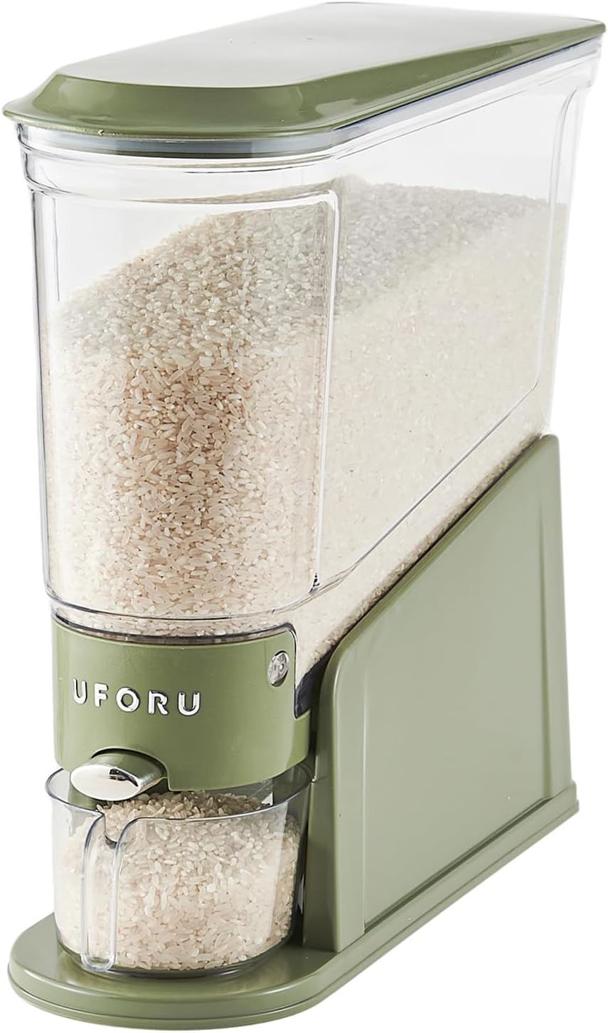Aldernest Slim Rice Dispenser 11 LB, Clear Rice Storage for Small Spaces, 2.6 pounds, Medium-Large, Green