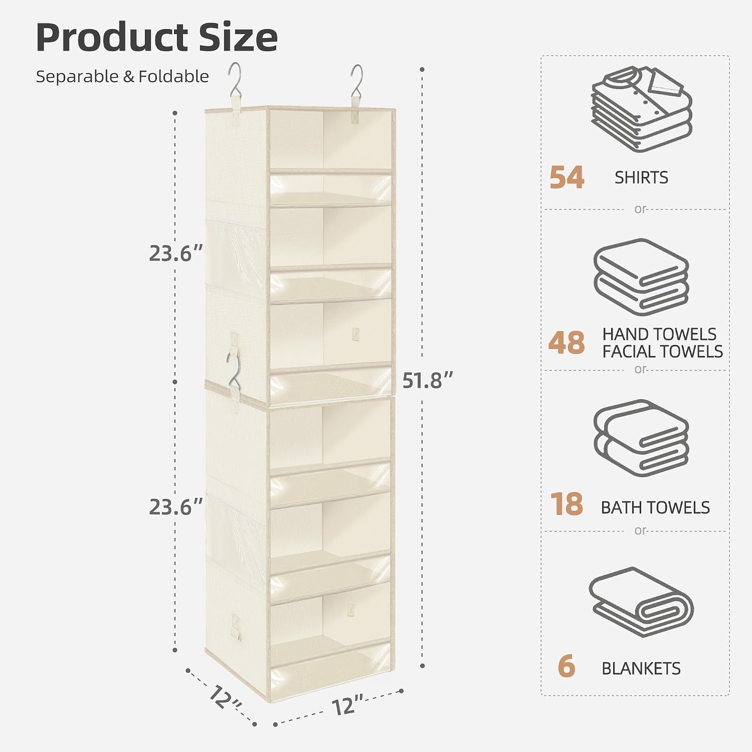 Ashenby 6-Shelf Hanging Closet Organizer and Storage, 12" W x 12" L x 48.23" H, Beige