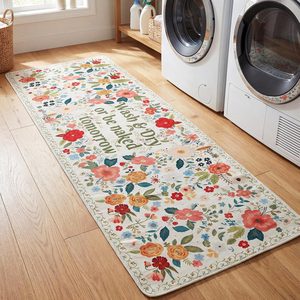 Aldernest Laundry Room Runner Rug Non Slip Waterproof Floral Floor Mat, White, 5' x 1'8" (Rectangular)