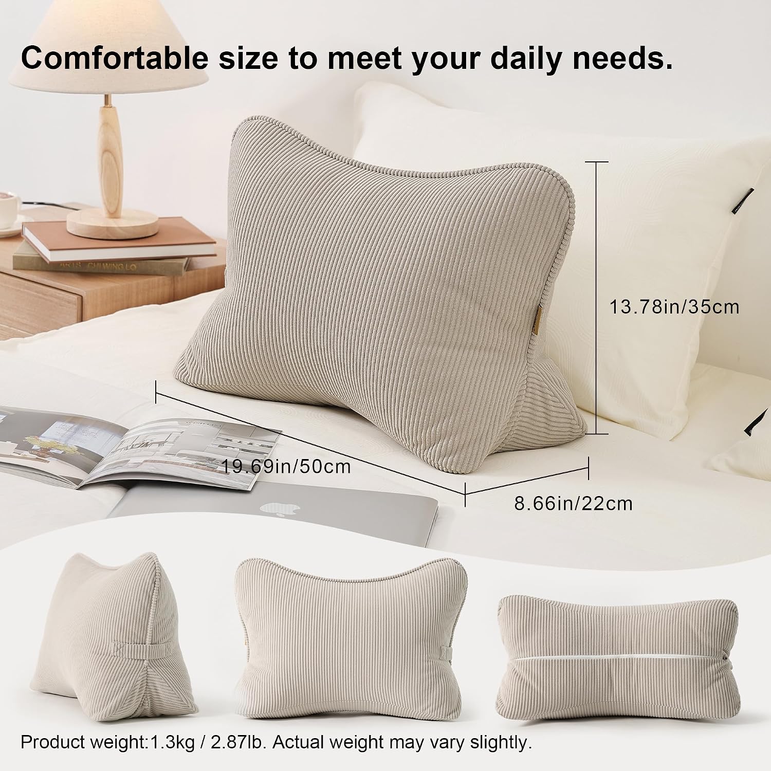 Aldernest Pat. Pend. Corduroy Lumbar Support Back Pillow for Watching TV, 2.8 pounds, Standard, Beige Gray