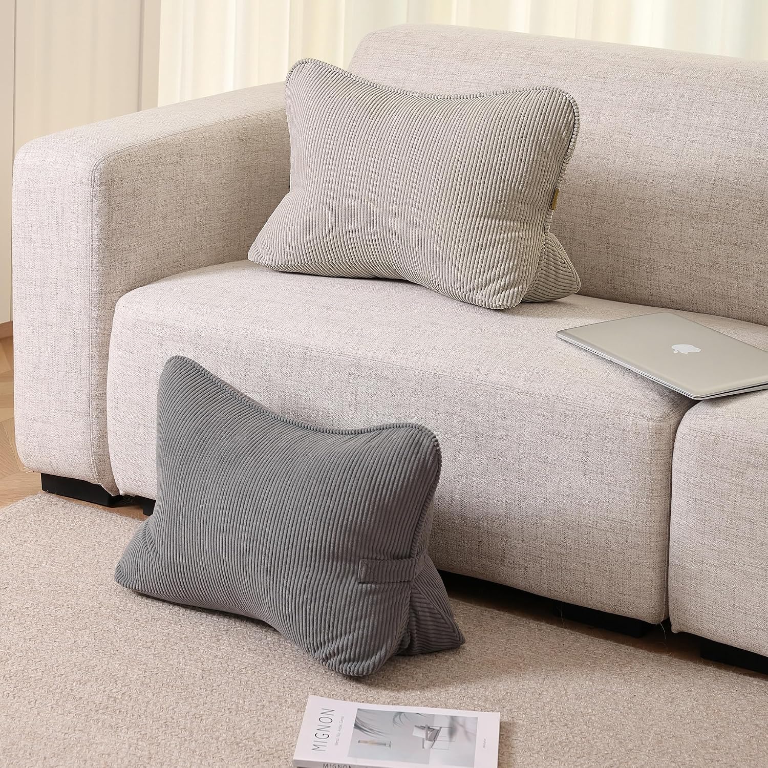 Aldernest Pat. Pend. Corduroy Lumbar Support Back Pillow for Watching TV, 2.8 pounds, Standard, Beige Gray