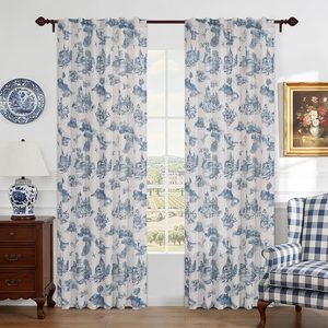 Birchmont Blue Floral Linen Toile Curtains 84 Inches Long for Living Room Bedroom Toile de Jouy Printed Patterned Country Semi Sheer Curtains Back Tab
