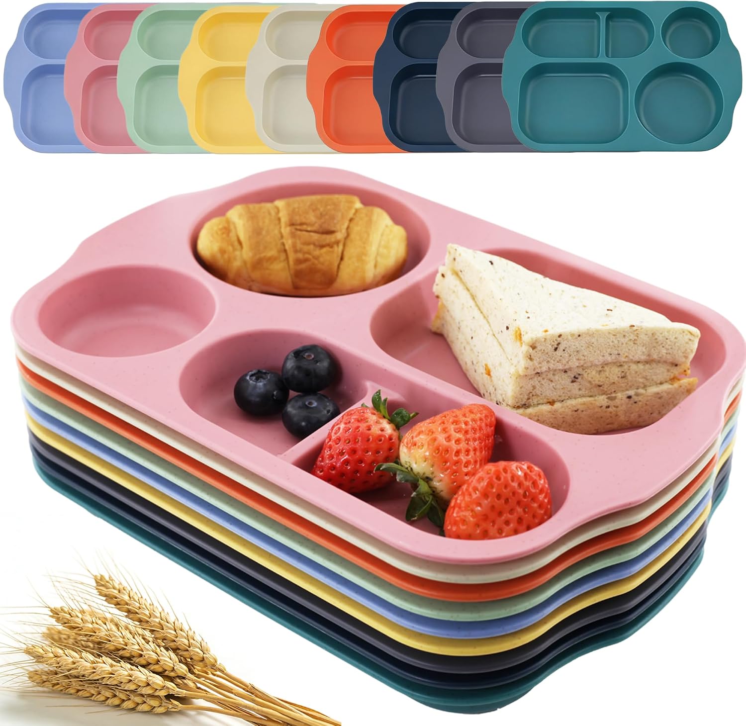 Barleyfield Wheat Straw Plates 9 Pack, 5-Compartment Divided Trays, 8 ounces, 13.5 Inch, Silver