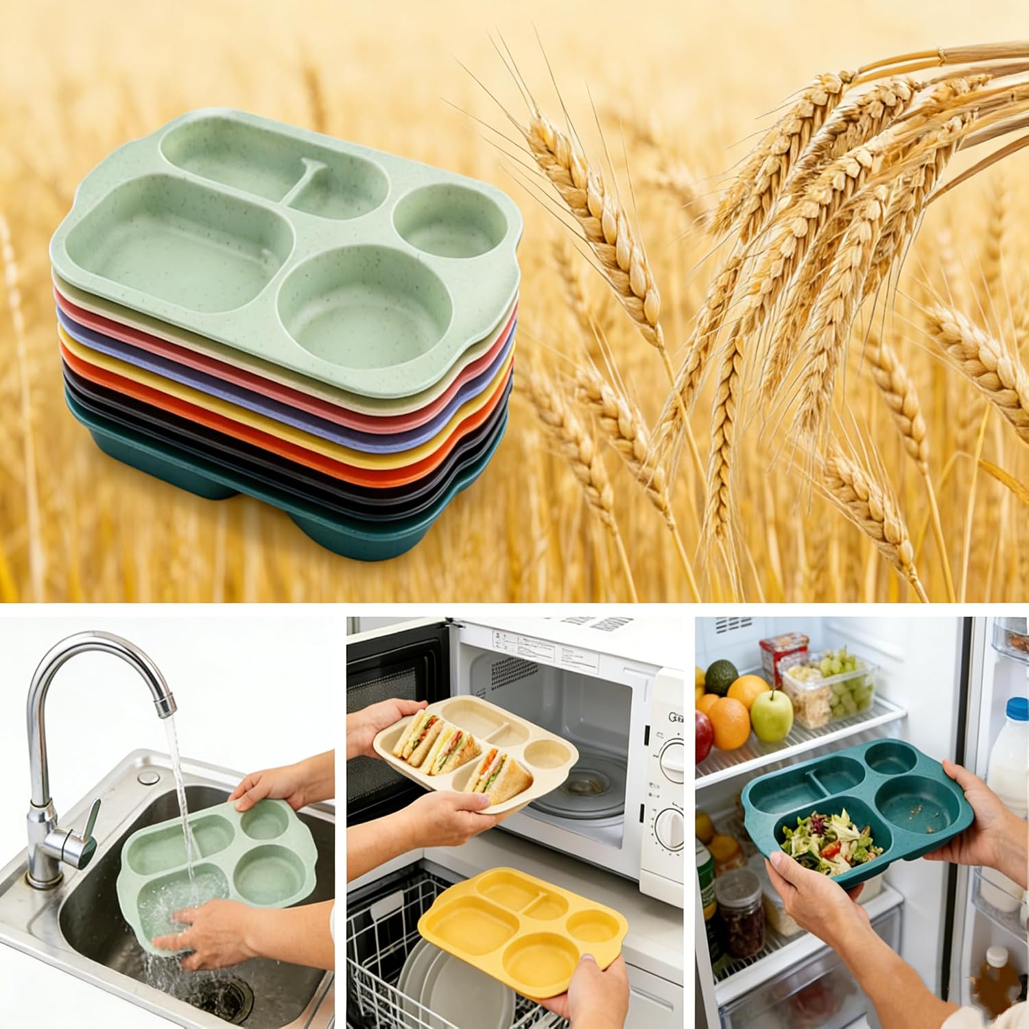Barleyfield Wheat Straw Plates 9 Pack, 5-Compartment Divided Trays, 8 ounces, 13.5 Inch, Silver