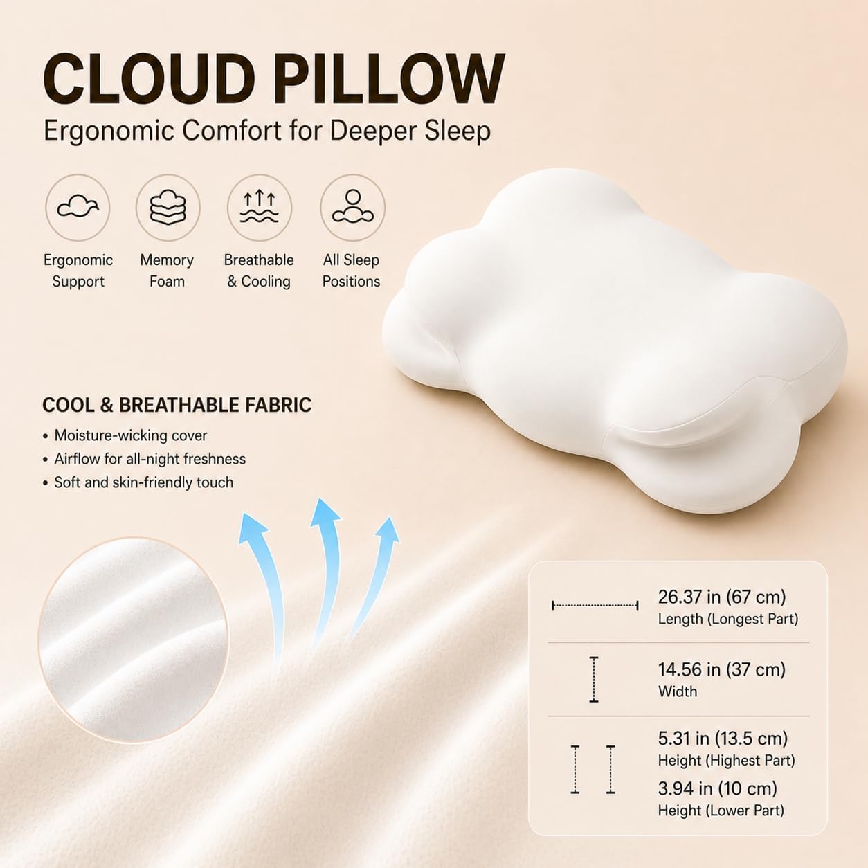 Aldernest Cloud Align Memory Foam Pillow, 26.38x14.57x3.94 in Size, Medium, White