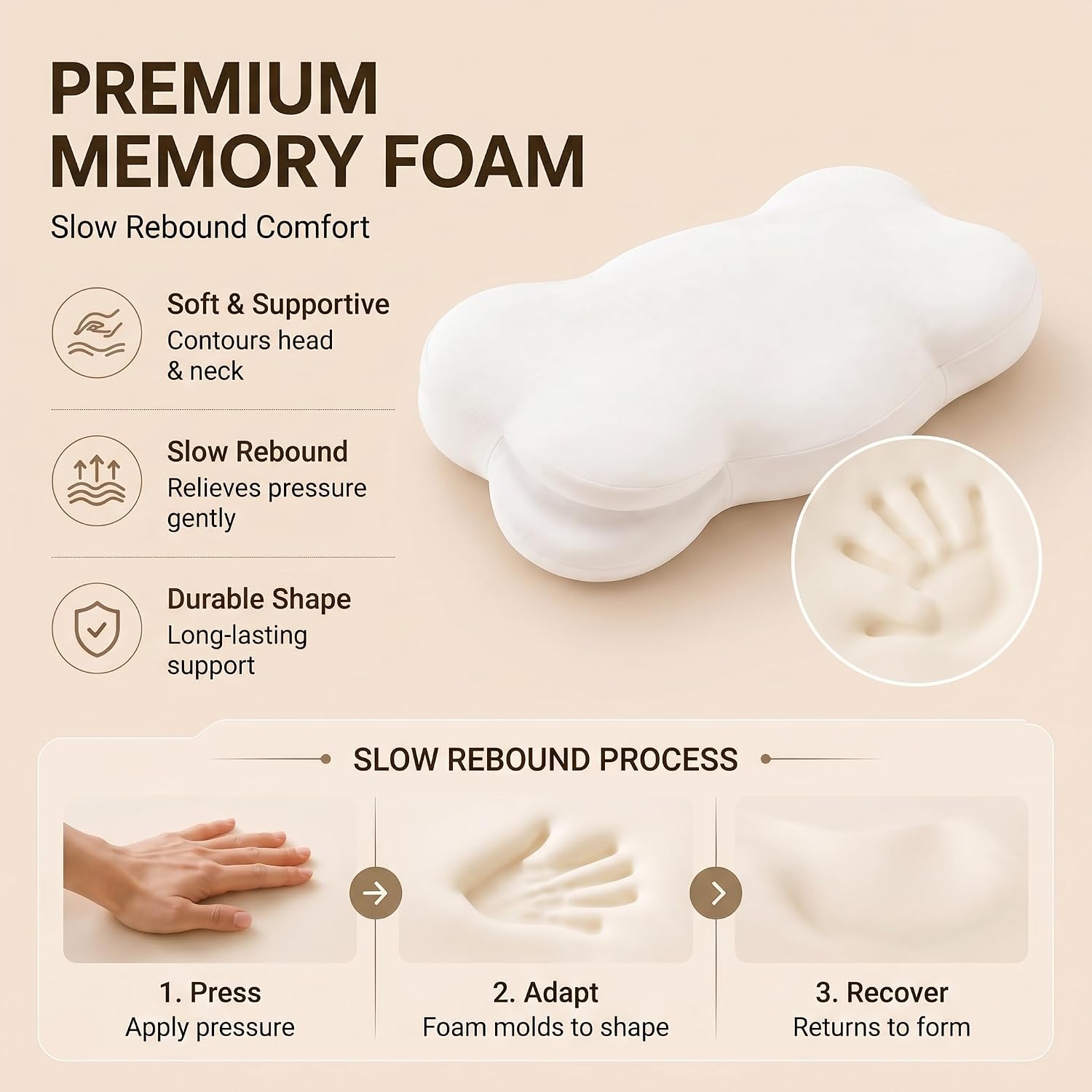 Aldernest Cloud Align Memory Foam Pillow, 26.38x14.57x3.94 in Size, Medium, White