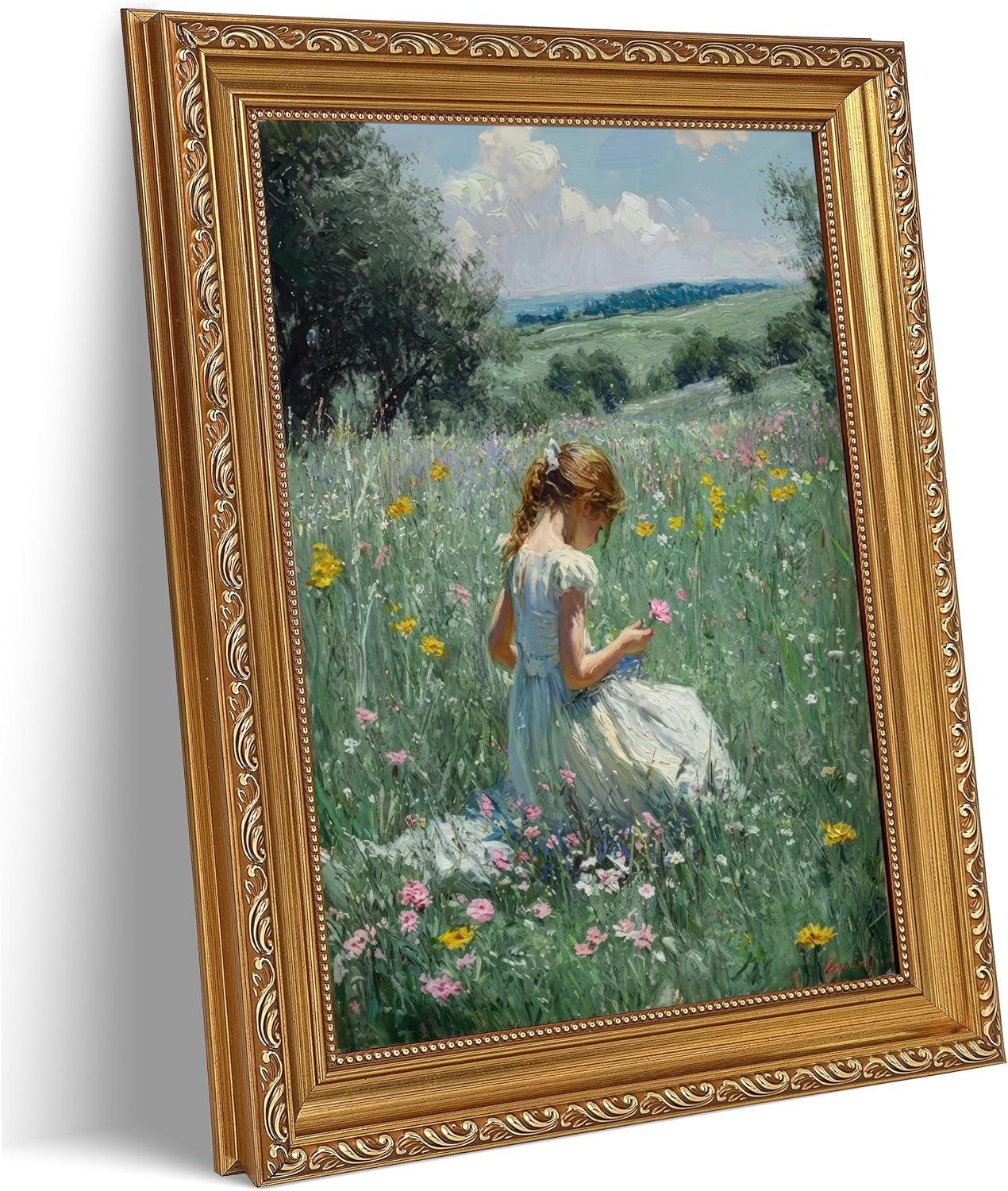 Aldernest Vintage Gold Framed 3D Girl Wildflower Meadow Wall Art Impressionist Oil Painting Wall Decor Pastoral Nature Poster Print Artwork for