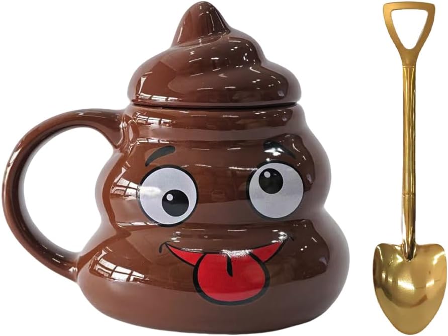 Aldernest 17oz Poop Ceramic Coffee Mugs with Golden Spoons, Tongue Cup