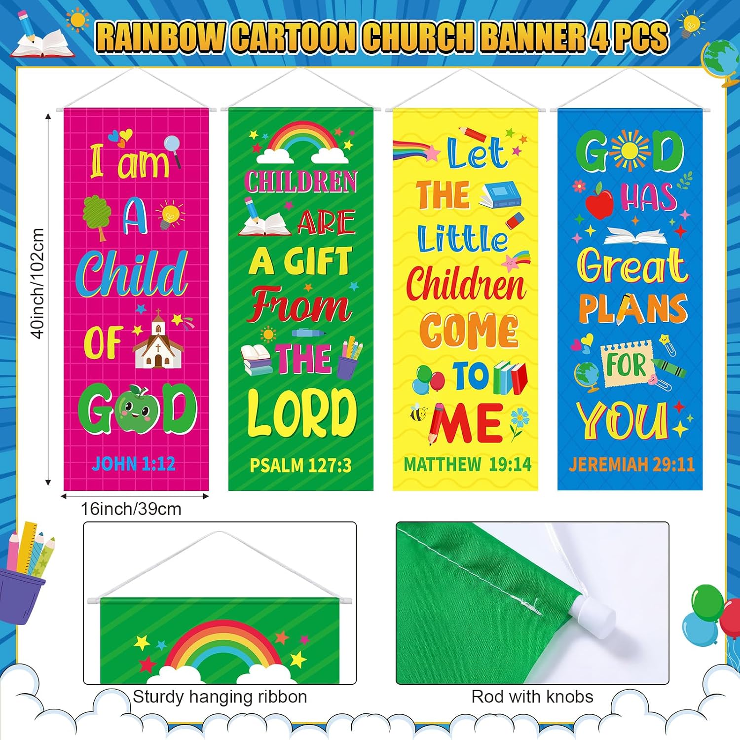 Ashenby 4 Pcs Church Banners for Sanctuary Wall Rainbow Cartoon, 7.36 ounces, colored