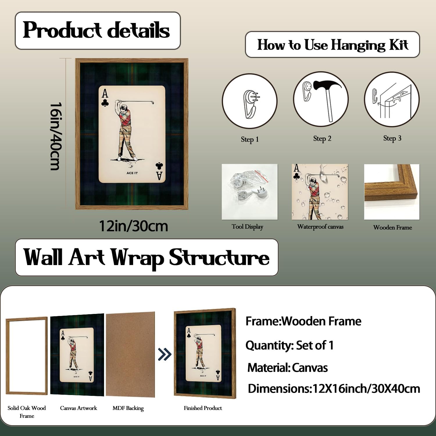 Barleyfield Vintage Golf Wall Art, 1.1 pounds, 16"L x 12"W, Stripe-A
