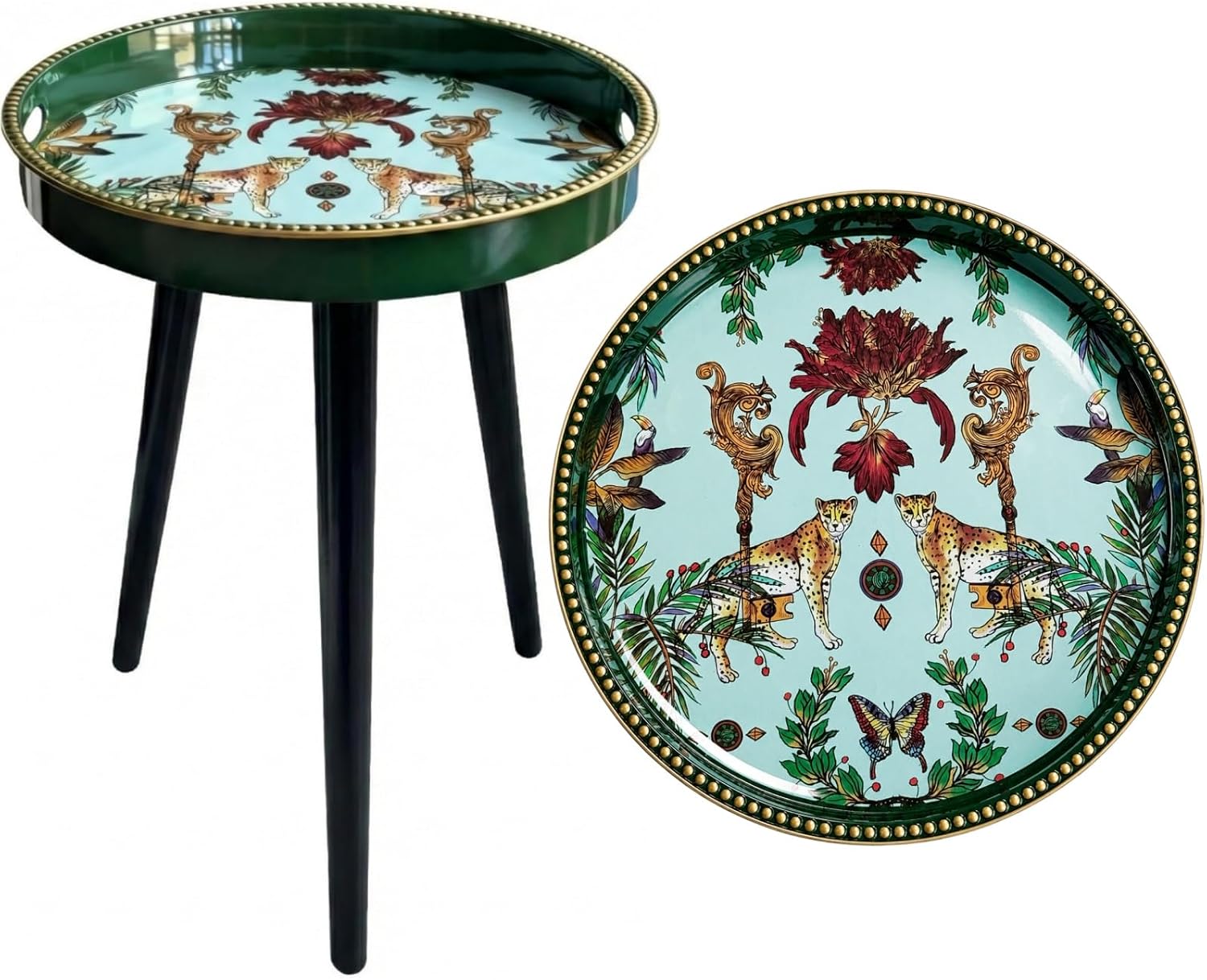 Barleyfield Small Round Side Table - 13 Inch Emerald Green Boho End Table with Vintage Cheetah Pattern Tray - Unique Tropical Accent Table with