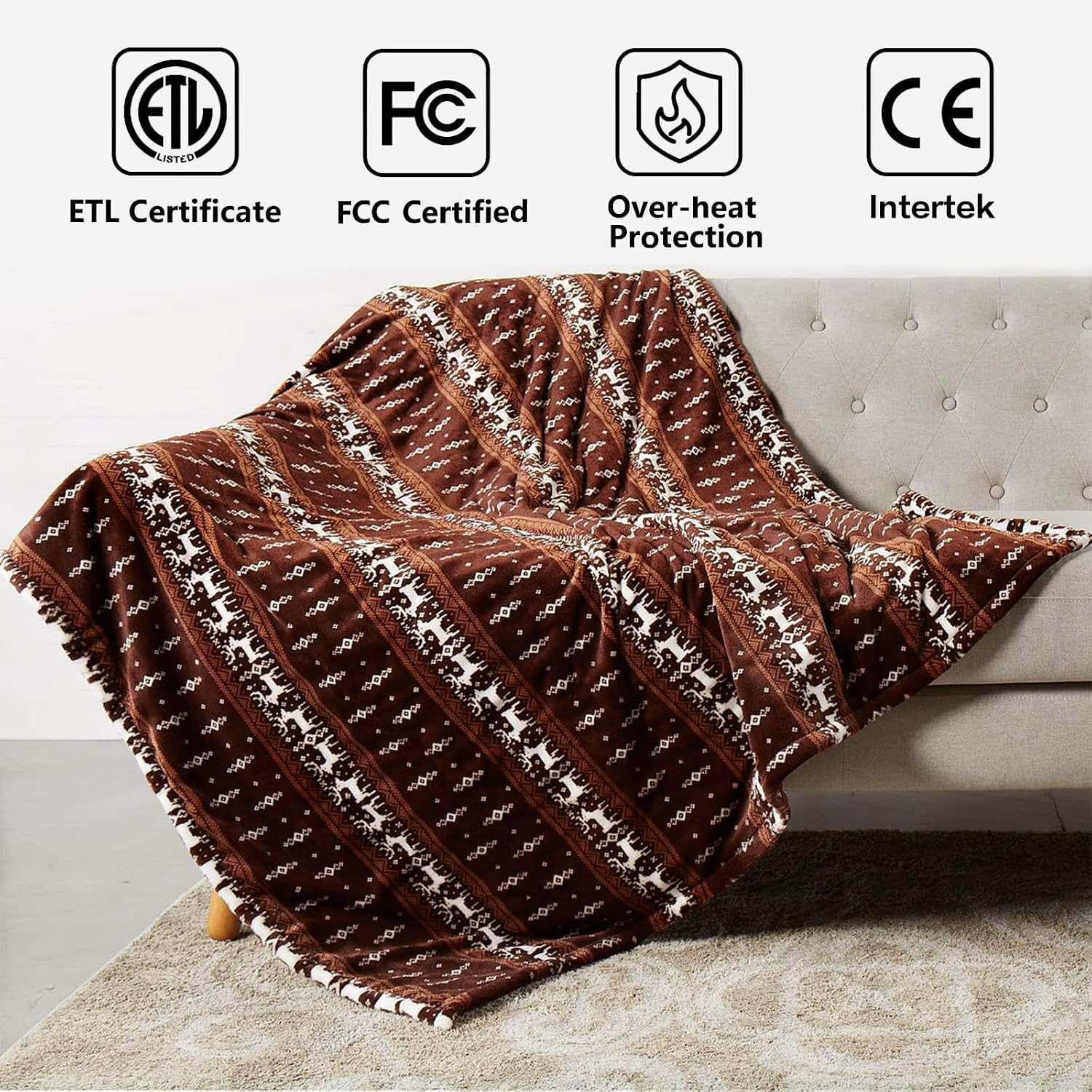 Ashenby Electric Heated Blanket, Super Cozy 2-Layer Flannel Heated Throw, Throw(50"x60"), Light Moose Pattern
