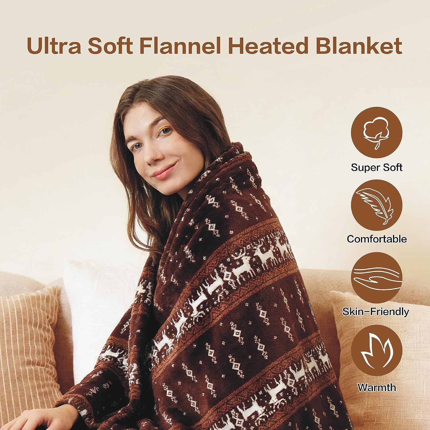 Ashenby Electric Heated Blanket, Super Cozy 2-Layer Flannel Heated Throw, Throw(50"x60"), Light Moose Pattern