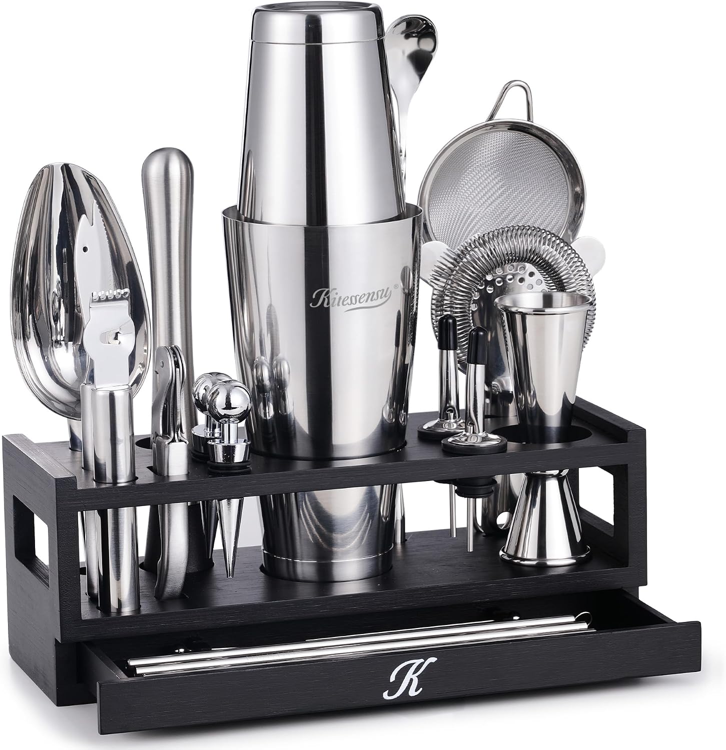 Ashenby 25-PC Professional Bartender Kit, Bar Tool with Drawer Stand, Silver