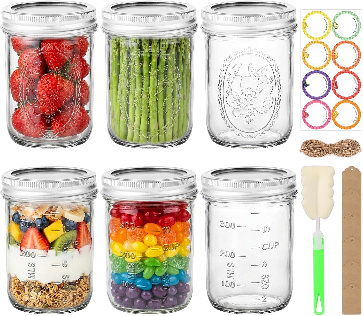 Aldernest Wide Mouth Mason Jars 16 oz 6 Pack with Airtight Lids & Measurement Marks, 2.9 inches x 4.68 inches