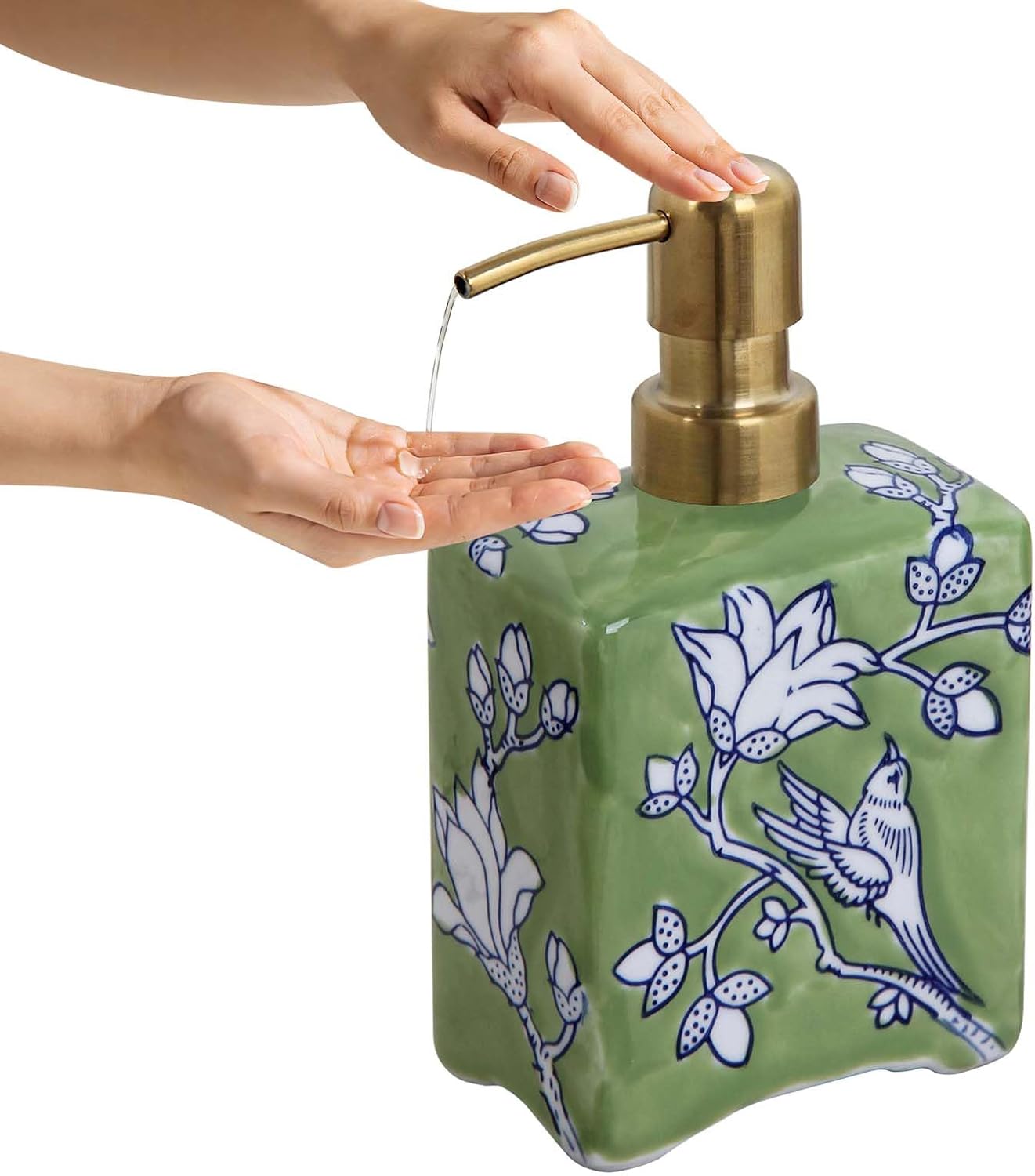 Aldernest Ceramic Soap Dispenser, Floral-Bird Lotion Pump Bottle, 14.72 ounces, Green