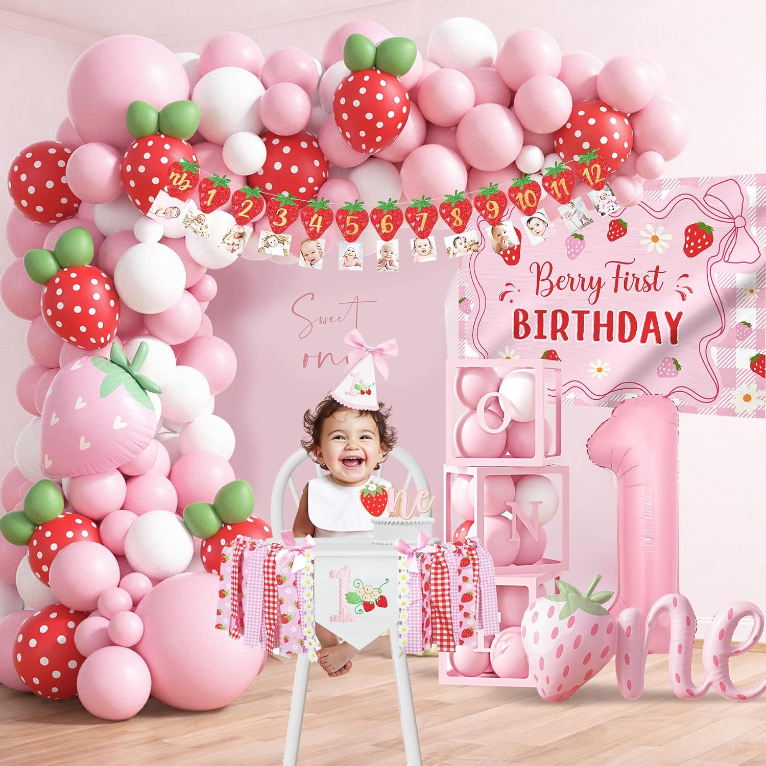 Ashenby Berry First Birthday Decorations for Girls, Pink Red