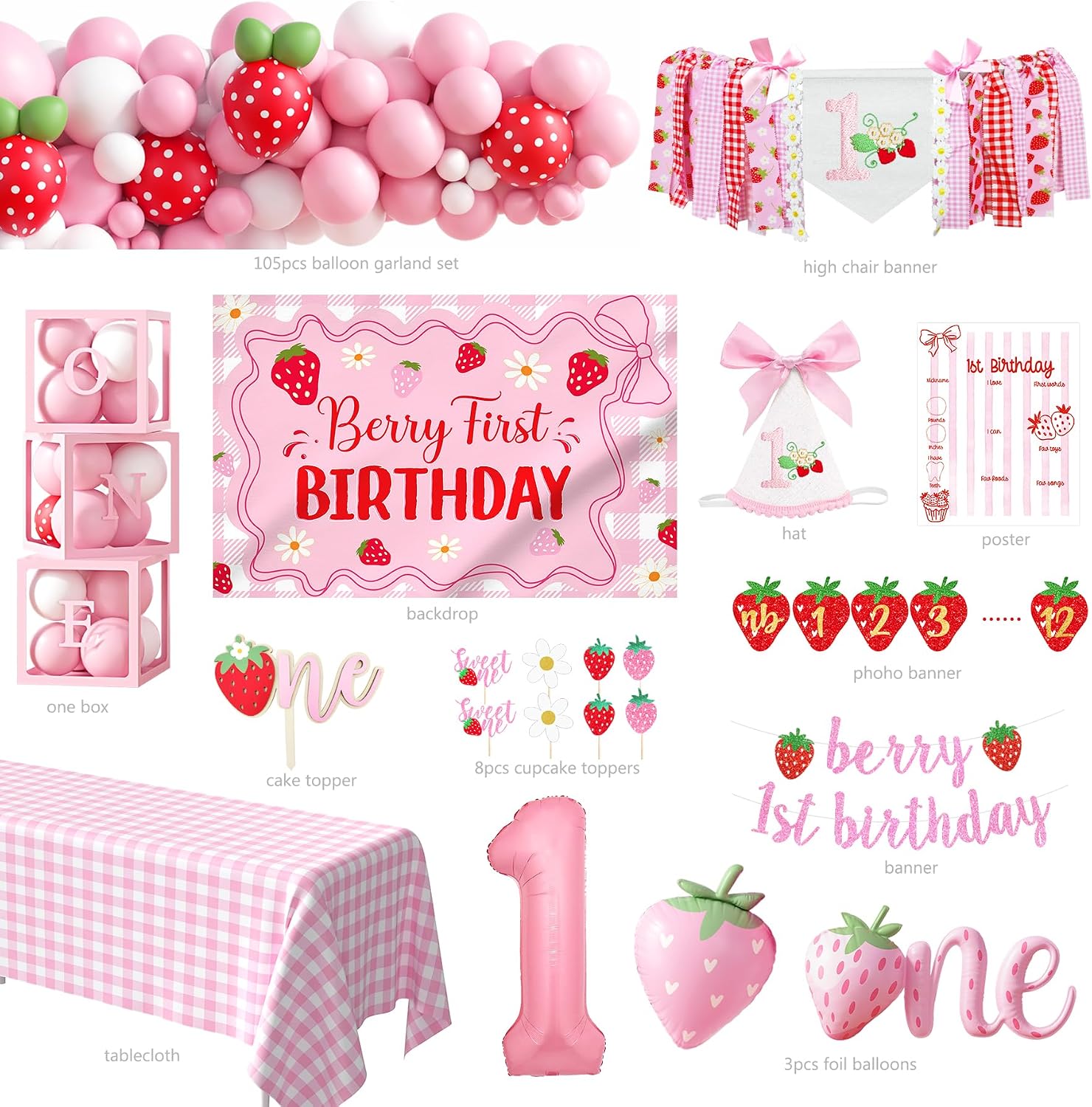 Ashenby Berry First Birthday Decorations for Girls, Pink Red