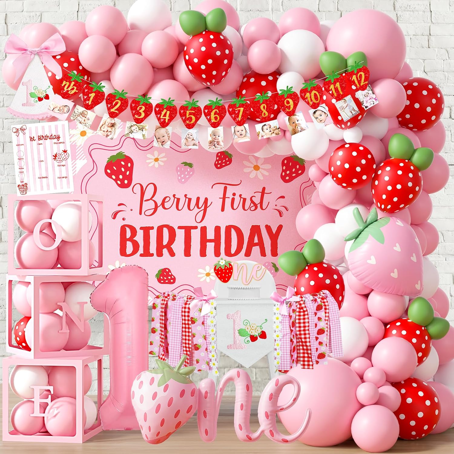 Ashenby Berry First Birthday Decorations for Girls, Pink Red