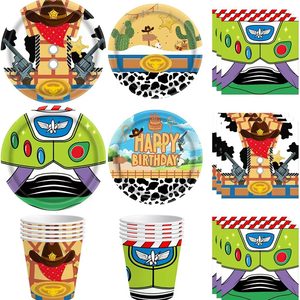 VelloHome 80Pcs Cartoon Birthday Party Supplies Cartoon Plates Napkins Cups Tableware for Toy Theme Birthday Decor for 20 Guests