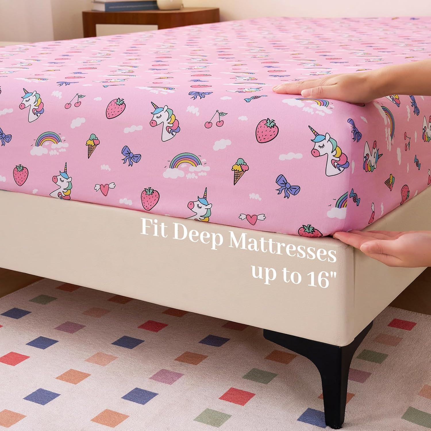 Aldernest Twin Kids Printed Cotton Sheet Set, 100% Cotton, 16" Deep, 3-Piece