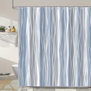 Ashenby Blue Grey Ombre Shower Curtain, Modern Wavy Abstract Striped Line Bathroom Curtain, 13.6 ounces, 72"W x 72"L (Pack of 1)